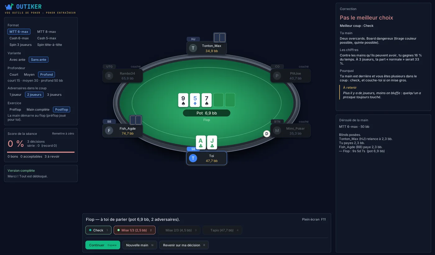 Poker Entraîneur : table d'entraînement avec correction de la décision